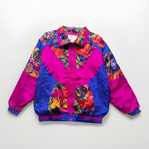 Vintage 90s Carolina Bay Jacket Women Medium 100% Silk Patchwork Windbreaker Y2k - Picture 1 of 16